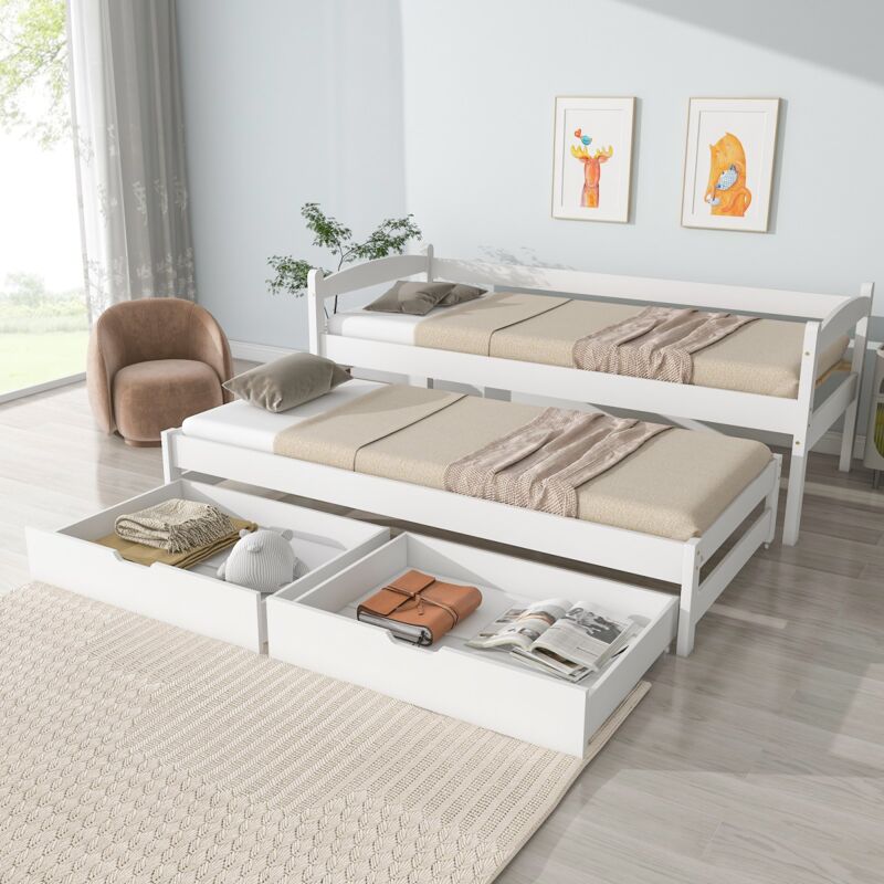 Eifson - Lit gigogne 90x200 cm + 90x190 cm, Lit coulissant avec roulettes en bas, 2 tiroirs mdf, structure bois massif, sommier à lattes - Blanc