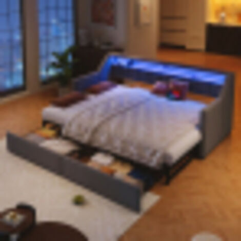 Lit gigogne 90x200 cm avec 2 tiroirs,  ports USB-Type-C, éclairage LED télécommandée, sans matelas, gris