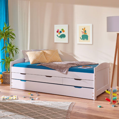Lit gigogne 90x200 cm avec 3 tiroirs en pin massif blanc - CHAMBERY