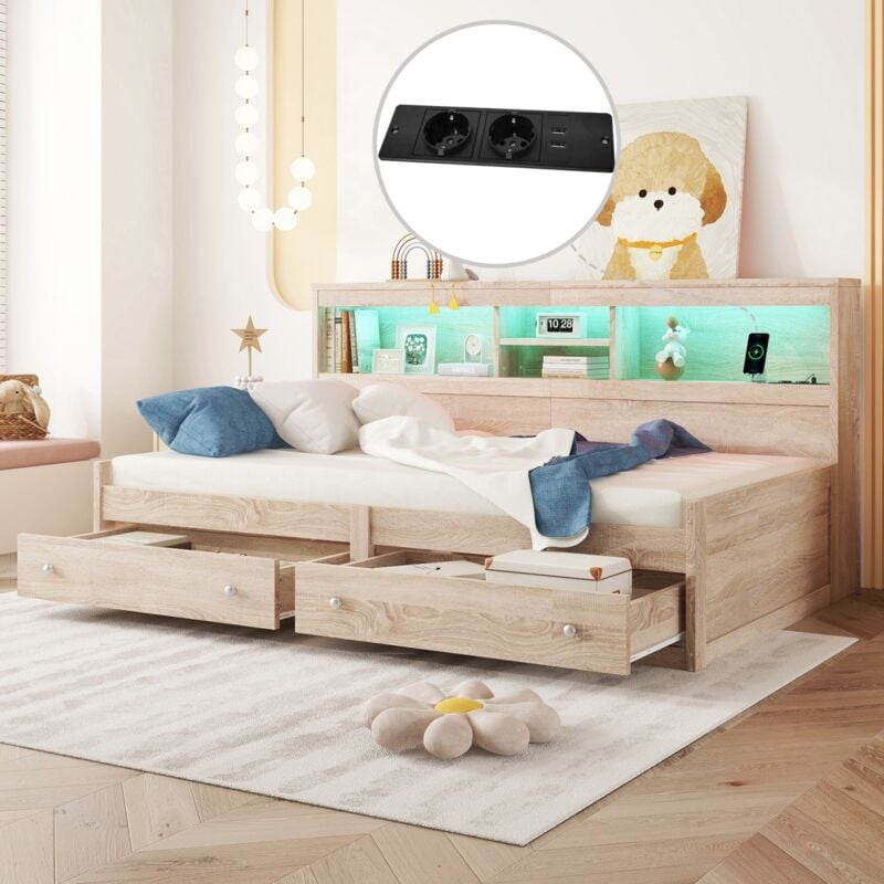 Lit gigogne 90x200 cm, avec deux tiroirs, avec éclairage d'ambiance LED, rangement chevet, 2 prises + 2 USB, sommier à lattes, convient aux adultes