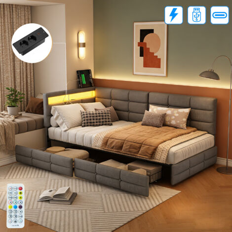 Lit gigogne 90x200 cm avec LED, Lit coffre avec 2 tiroirs de rangement et sommier à lattes, Canapé-lit fonctionnel, Lit de jour avec USB et TpyeC, Cadre de Lit 1 place , Lin, Gris
