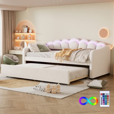 Lit gigogne 90x200 cm, avec lit gigogne, éclairage LED orientable, velours, télécommande, sommier à lattes, style minimaliste, adapté aux enfants et adolescents - Beige