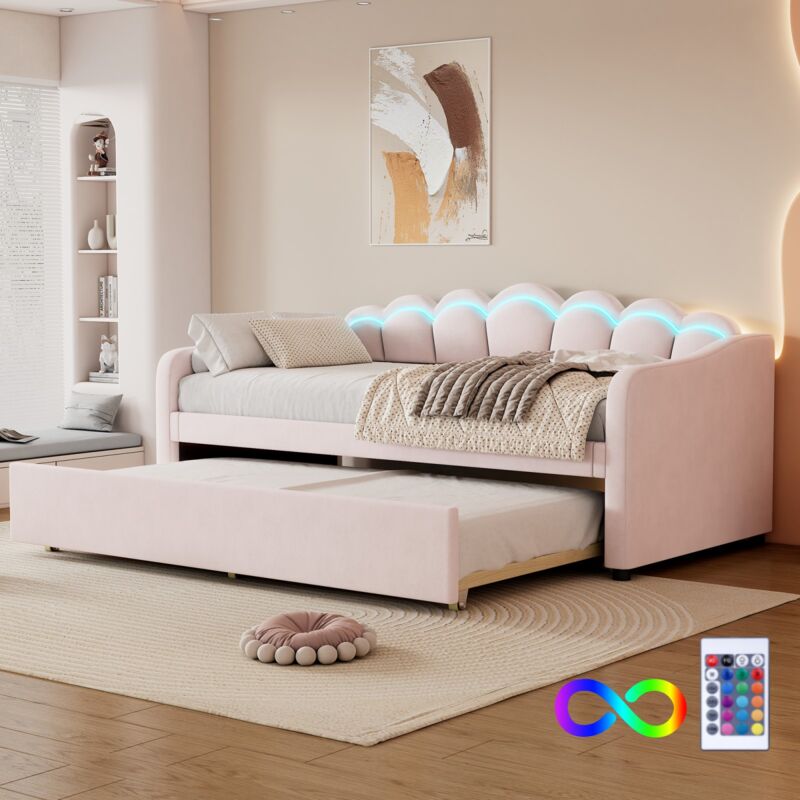 Lit gigogne 90x200 cm, avec lit gigogne, éclairage LED orientable, velours, télécommande, sommier à lattes, style minimaliste, adapté aux enfants et