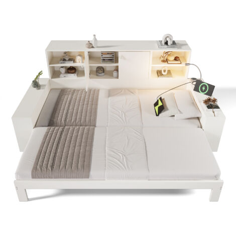 Lit gigogne 90x200 cm avec lit gigogne portes double ports usb, lit coffre avec rangement gain de place pour chambre ado enfant, structure bois blanc