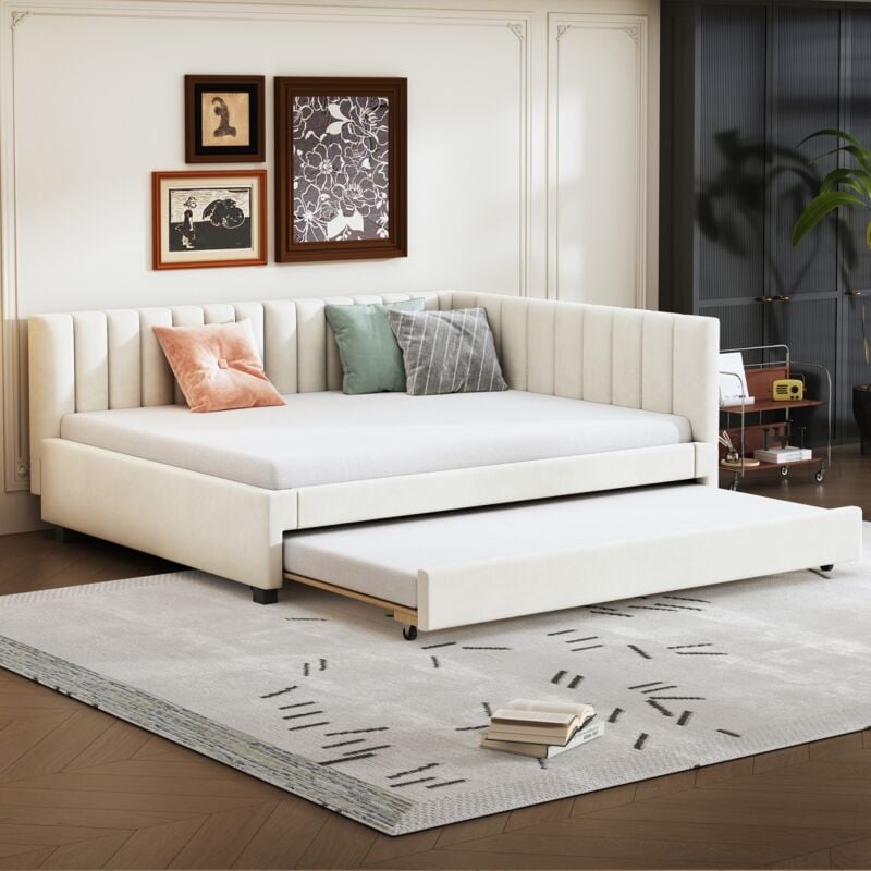 Eifson - Lit gigogne 140x200 cm, avec sommier à lattes, velours, design moderne du milieu du siècle, pour lits d'adolescents et d'enfants - Beige