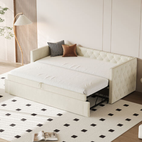 Lit Gigogne 90x200 cm - Canapé-lit Banquetteavec Sommier à Lattes - Lit d'Appoint Extensible - en Velours Beige