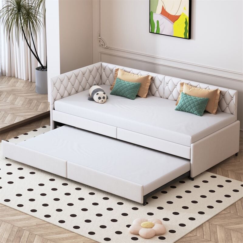 Eifson - Lit gigogne 90x200 cm, canapé lit extensible, velours, sommier à lattes, lit enfant, lit d'appoint - Beige