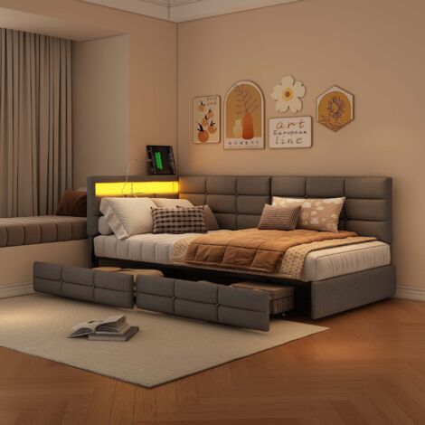 Lit gigogne 90x200 cm,lit enfant,lit capitonné,avec LED,USB,sommier à lattes,tissu en lin,Gris
