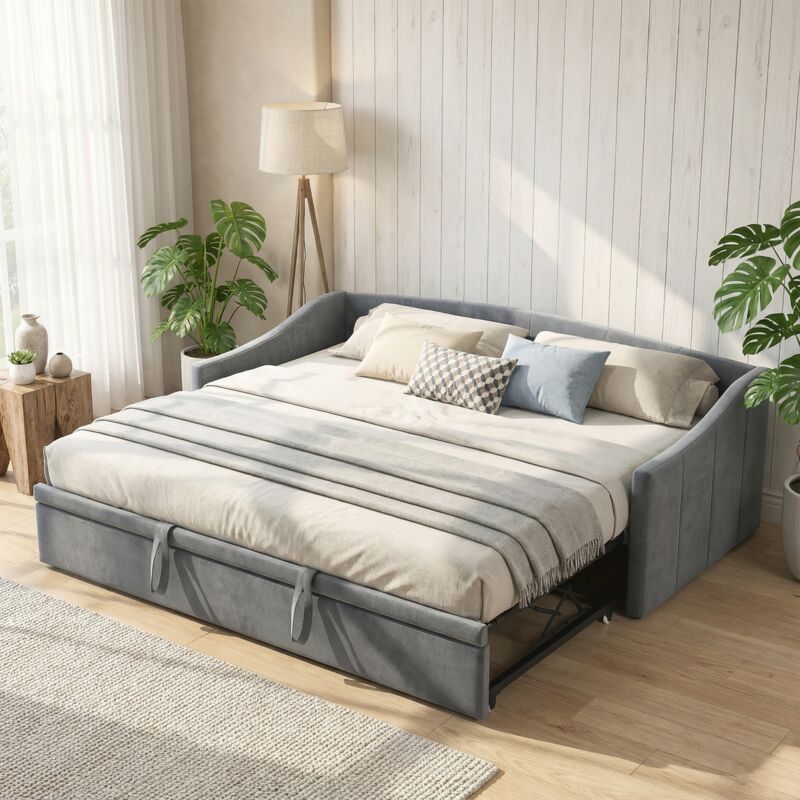Lit gigogne 90x200/180x200 extensible, canapé lit 3 en 1, lit capitonné avec sommier à lattes en bois, pour enfant, adulte, velours, style moderne