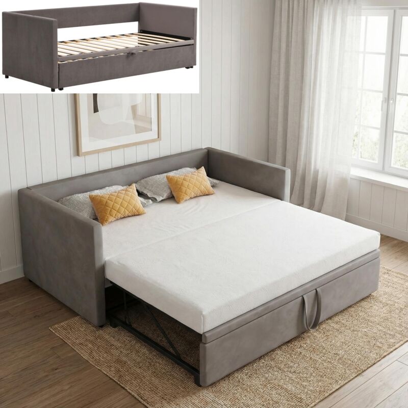 Lit gigogne 90x200/180x200 extensible, canapé lit 3 en 1, lit double, lit adulte, lit capitonné avec sommier, gain de place, velours, style moderne