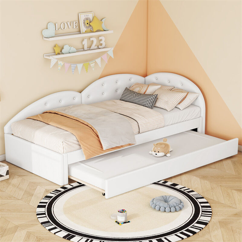 Fortuna Lai - Lit gigogne 90x200+80x190cm, Canapé-lit avec sommier à lattes, sans matelas, en cuir pu, élégant et simple, Blanc