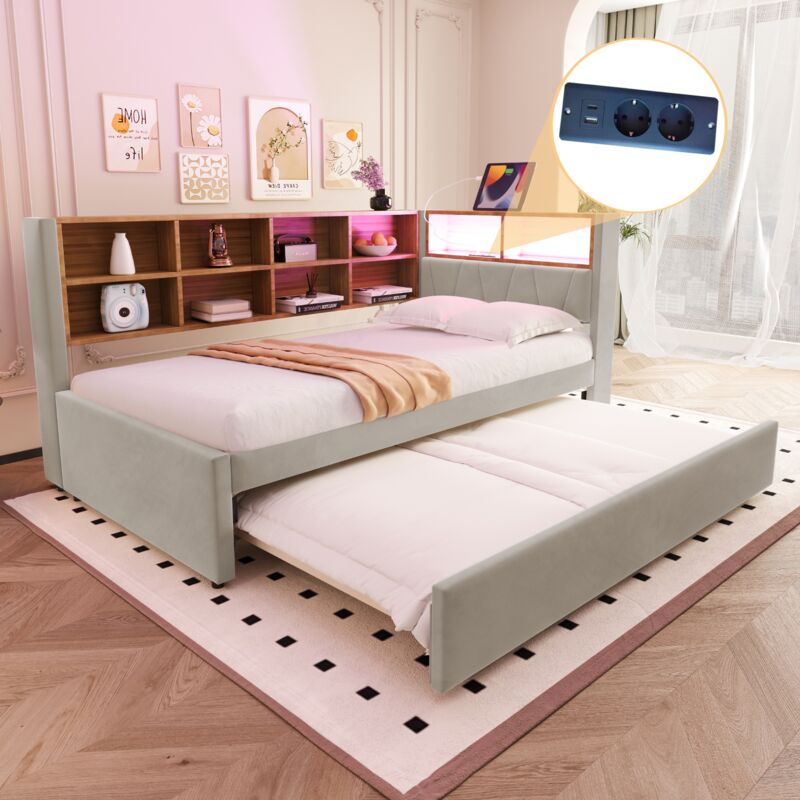 Tanant - Lit gigogne 90x200+90x190cm avec sommier à lattes, multiples rangements et prises, canapé lit gigogne extensible, canapé lit multifonction,