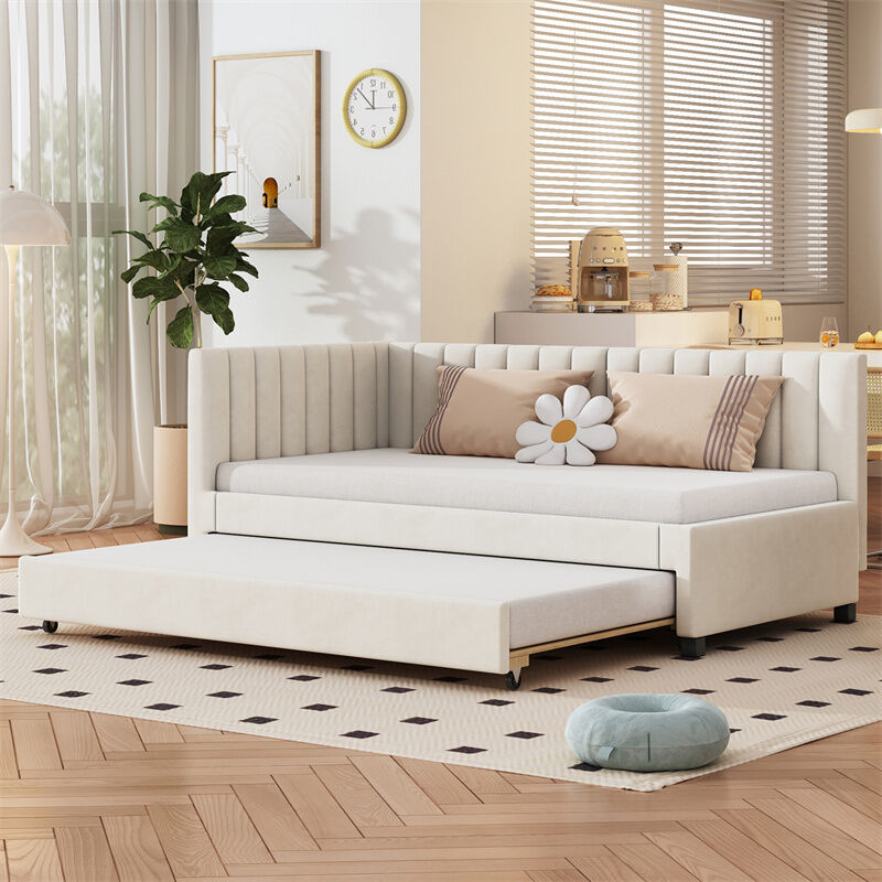 Fortuna Lai - Lit gigogne 90x200+90x190cm, canapé lit avec sommier à lattes, tissu velours, sans matelas, beige