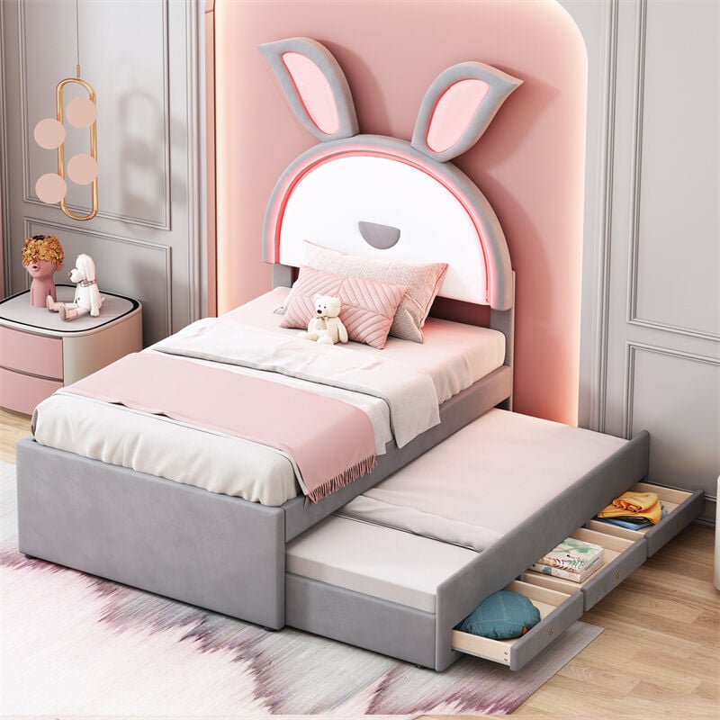 Fortuna Lai - Lit gigogne 90x200+90x190cm, lit enfant capitonné en tissu velours, avec tiroir de rangement, tête de lit led avec oreilles de lapin,