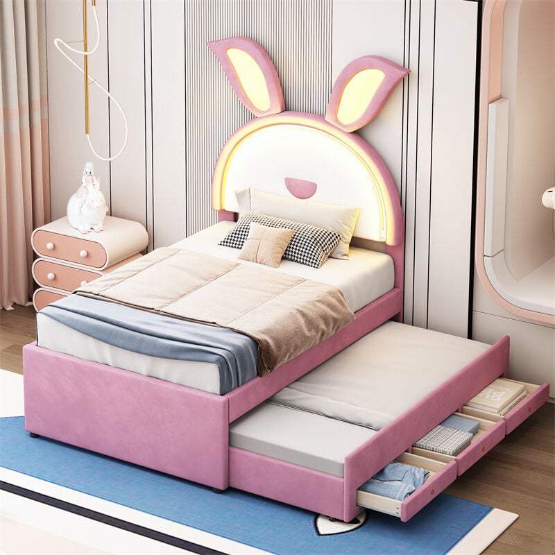Fortuna Lai - Lit gigogne 90x200+90x190cm, lit enfant capitonné en tissu velours, avec tiroir de rangement, tête de lit led avec oreilles de lapin,
