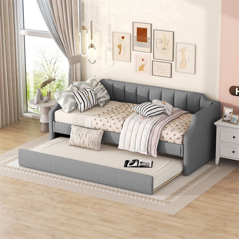 Fortuna Lai - Lit gigogne 90x200cm+90x190cm - Canapé-lit extensible avec sommiers à lattes en bois, sans matelas - Lin Gris