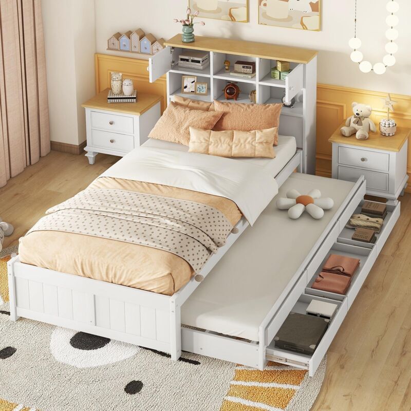 Dans Les Nuages - Lit gigogne 90x200cm / 90x190cm, avec 3 tiroir, sommier à lattes, espace de rangement sur la tête de lit, lit simple en bois massif