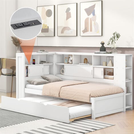 FORTUNA LAI Lit gigogne 90x200cm+90x190cm, Lit plateforme d'enfant, avec compartiment de rangement avec USB, sommier à lattes, Blanc