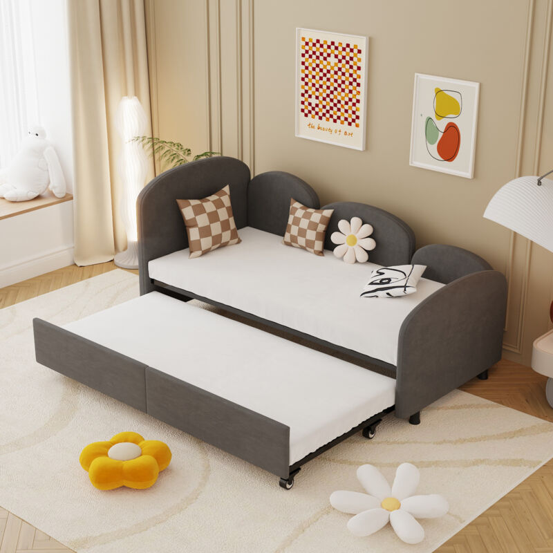 Modfu - Lit gigogne 90x200cm (90x200) canapé-lit enfant, velours, sans matelas, gris foncé