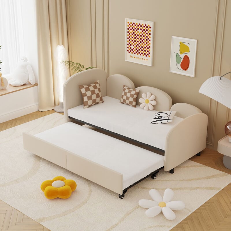 Modfu - Lit gigogne 90x200cm (90x200) canapé-lit enfant, velours, sans matelas, beige
