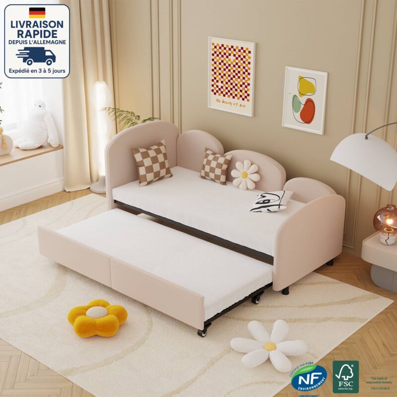 Modfu - Lit gigogne 90x200cm (90x200) canapé-lit enfant, velours, sans matelas, rose