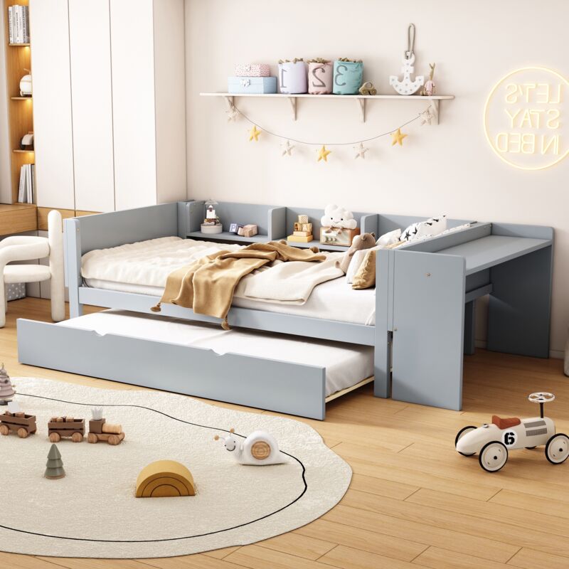 Dans Les Nuages - Lit gigogne 90x200 cm, avec bureau, 3 étagères, sommier à lattes en bois, canapé-lit extensible, pour enfants, adolescents - Gris