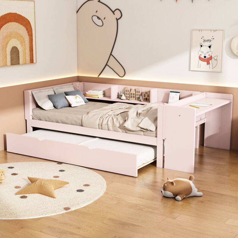 Dans Les Nuages - Lit gigogne 90x200 cm, avec bureau, 3 étagères, sommier à lattes en bois, canapé-lit extensible, pour enfants, adolescents - Rose