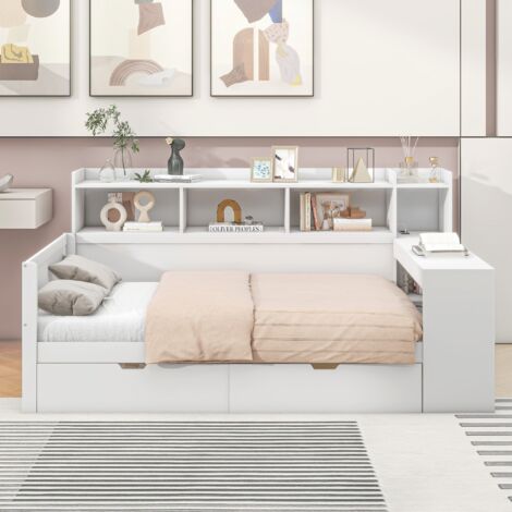 Lit gigogne 90x200cm, Canapé-lit avec étagère de rangement et port de chargement UBS, cadre de lit avec 2 tiroirs, lit simple contemporain, MDF - Blanc