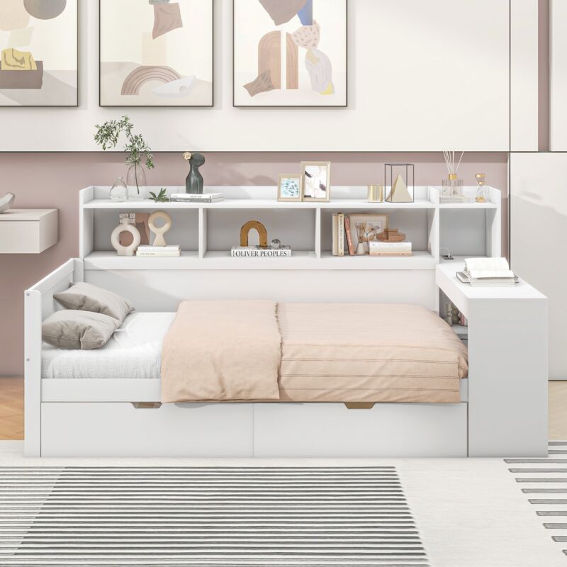 Lit gigogne 90x200cm, Canapé-lit avec étagère de rangement et port de chargement UBS, cadre de lit avec 2 tiroirs, lit simple contemporain, MDF