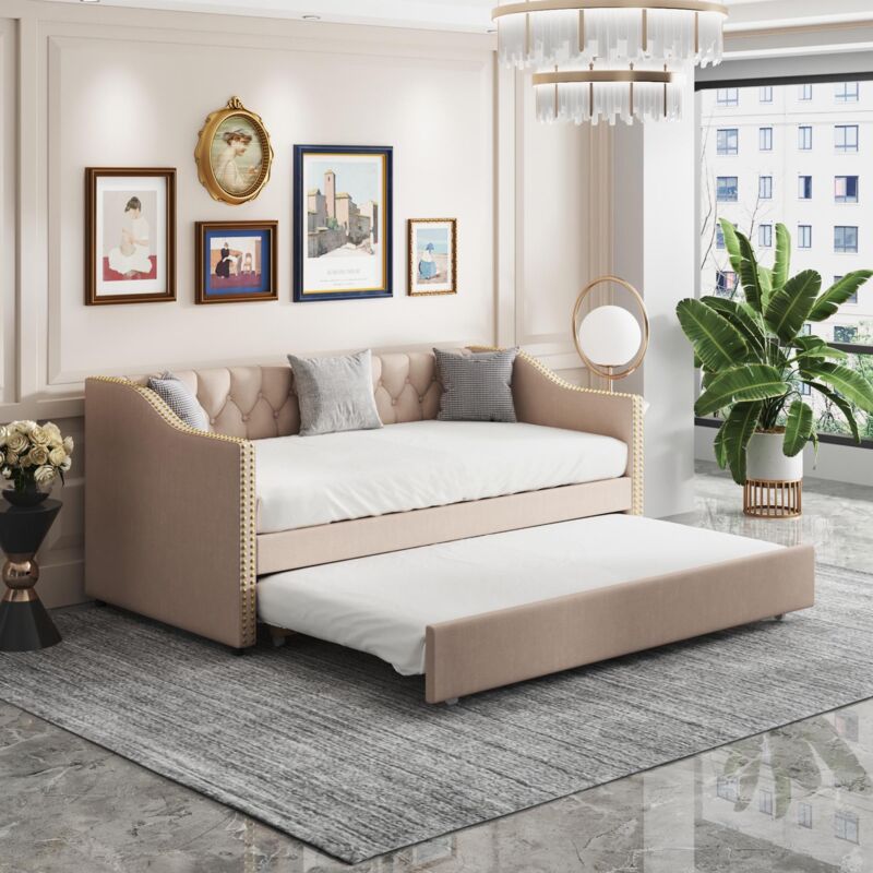 lit gigogne 90x200cm, canapé-lit, lit banquette 2 places, sommiers à lattes, canapé lit convertible style moderne - Beige