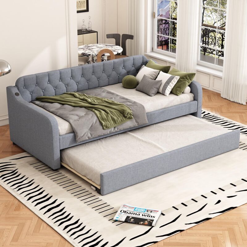 Tanant - Lit gigogne 90x200cm - Style scandinave avec port usb et canapé lit gigogne, sommier à lattes, lit simple - gris