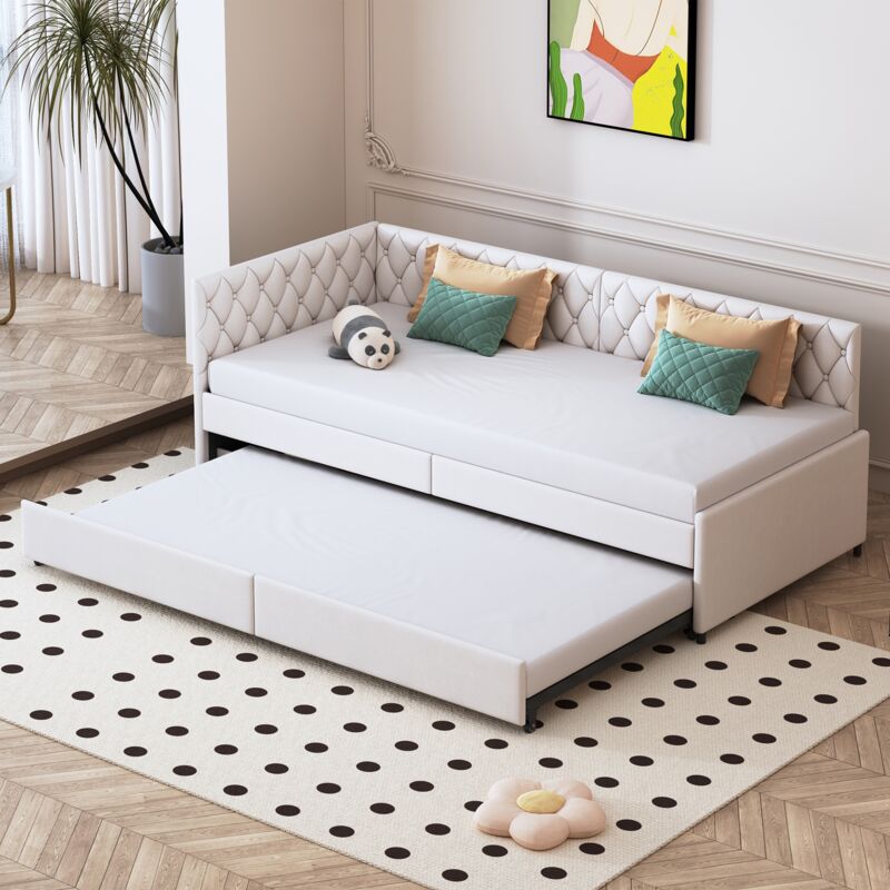 Lit gigogne 90x200cm - velours, canapé-lit extensible avec sommiers à lattes, cadre de lit, Dossier confortable avec finition en losange, lit adulte