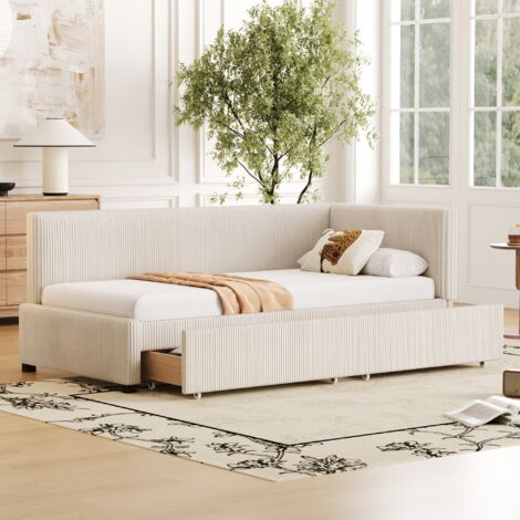 Lit gigogne 90x200cm, velours, canapé-lit rembourré avec 2 tiroirs, sommier à lattes, canapé-lit multifonction, style moderne - Beige