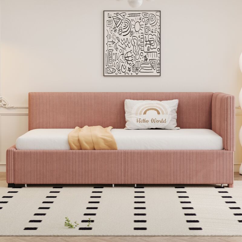 Tanant - Lit gigogne 90x200cm, velours, canapé-lit rembourré avec 2 tiroirs, sommier à lattes, canapé-lit multifonction, style moderne - Rose