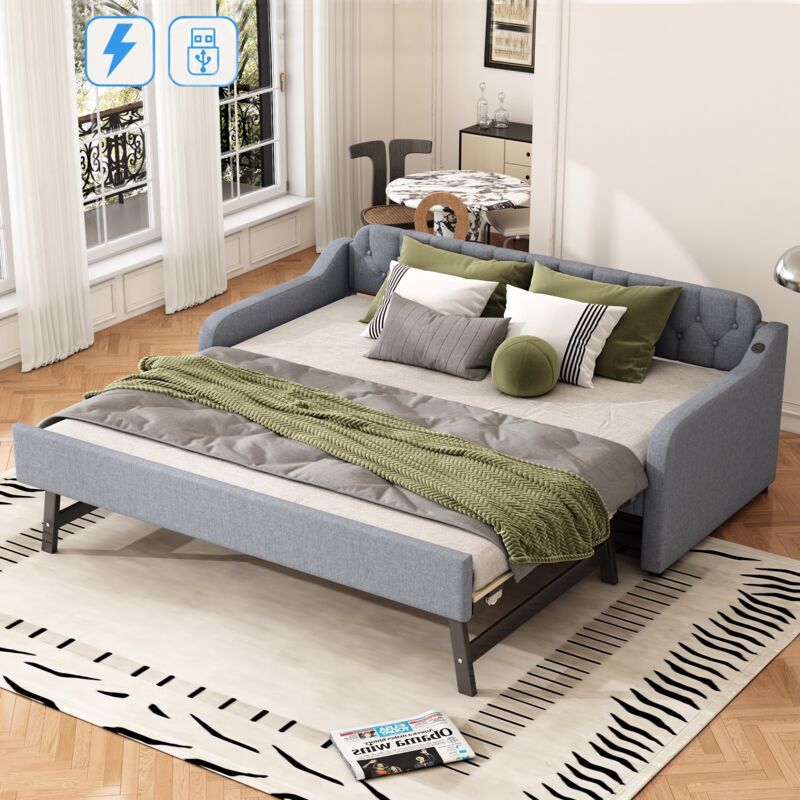 Dans Les Nuages - Lit gigogne 90x200 cm/180x200 cm, avec port usb, sommier à lattes en bois, canapé-lit extensible, cadre en métal, lit capitonné en