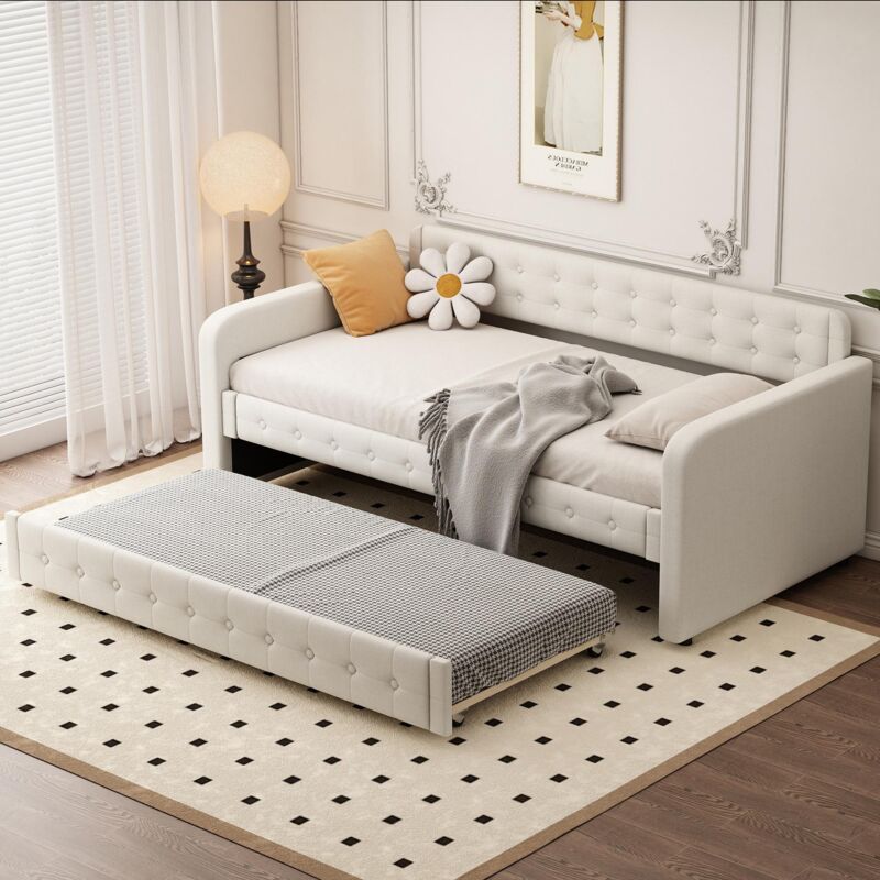 Dans Les Nuages - Lit gigogne 90x200 cm/90x190 cm Lit rembourré en lin avec sommier à lattes, lit de jour, beige clair