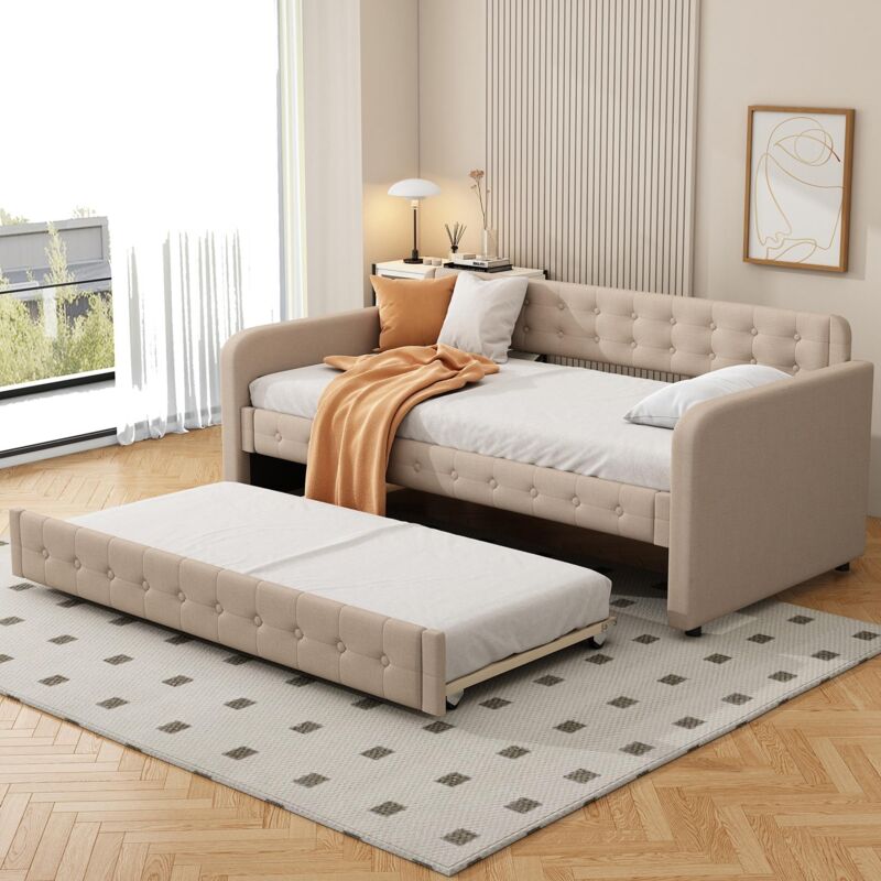 Dans Les Nuages - Lit gigogne 90x200 cm/90x190 cm Lit rembourré en lin avec sommier à lattes, lit de jour, beige foncé