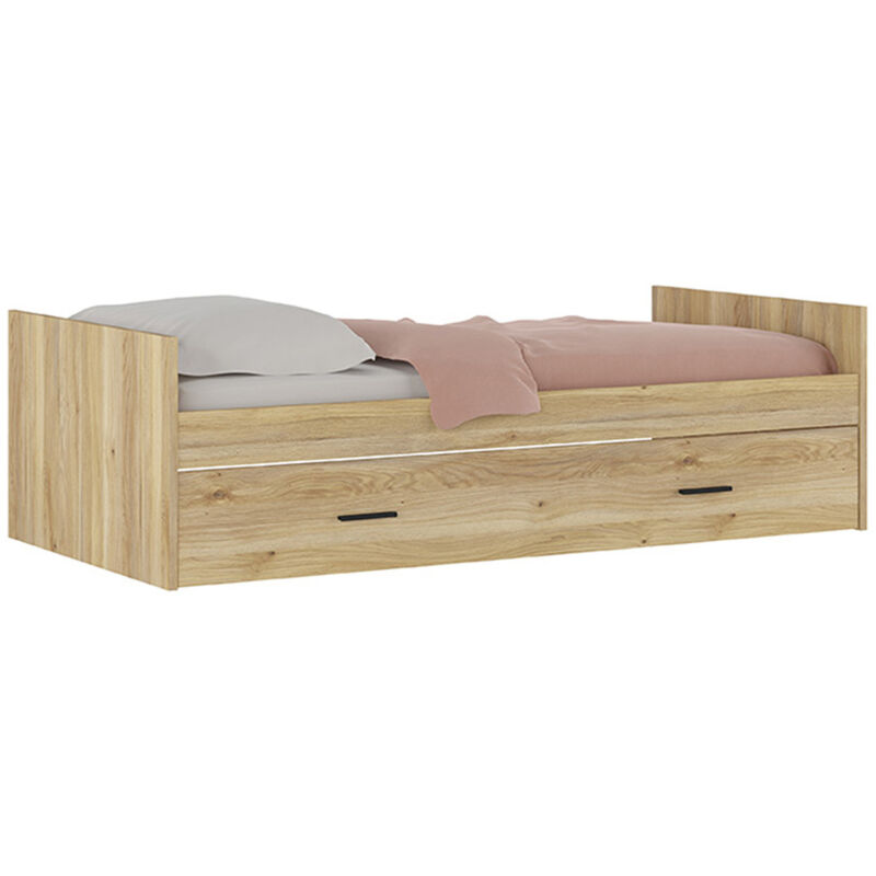 Lit gigogne avec 1 tiroir coloris chêne Mauvella - Longueur 202 x profondeur 98 x hauteur 58 cm