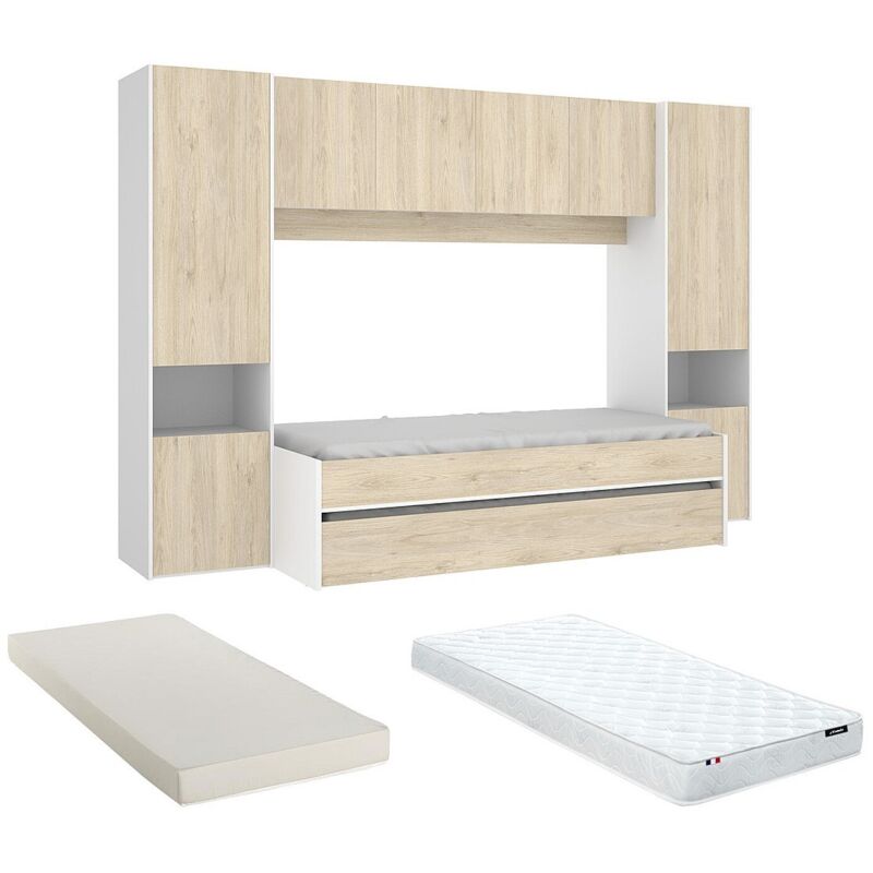 Vente-Unique – Lit gigogne avec pont SELENA 90 x 190 cm – Chêne et blanc – Matelas mousse hypoallergénique 15 cm – Éco-responsable fabriqué en Europe