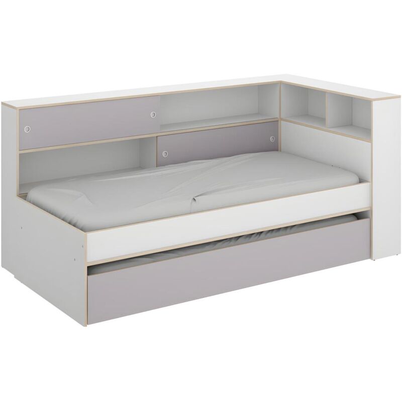 Vente-unique - Lit gigogne avec rangements - 90 x 200 et 90 x 190 cm - Blanc et gris - losiana