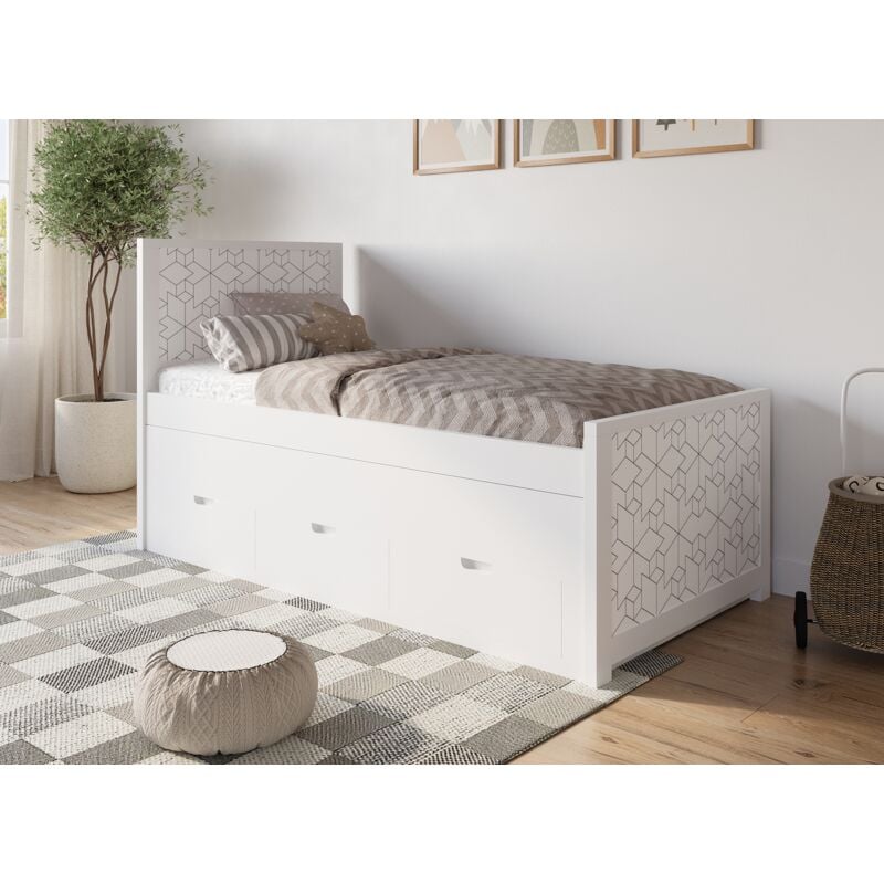 ENORA - Lit gigogne avec tiroirs en bois blanc ENORA 90 x 190 cm