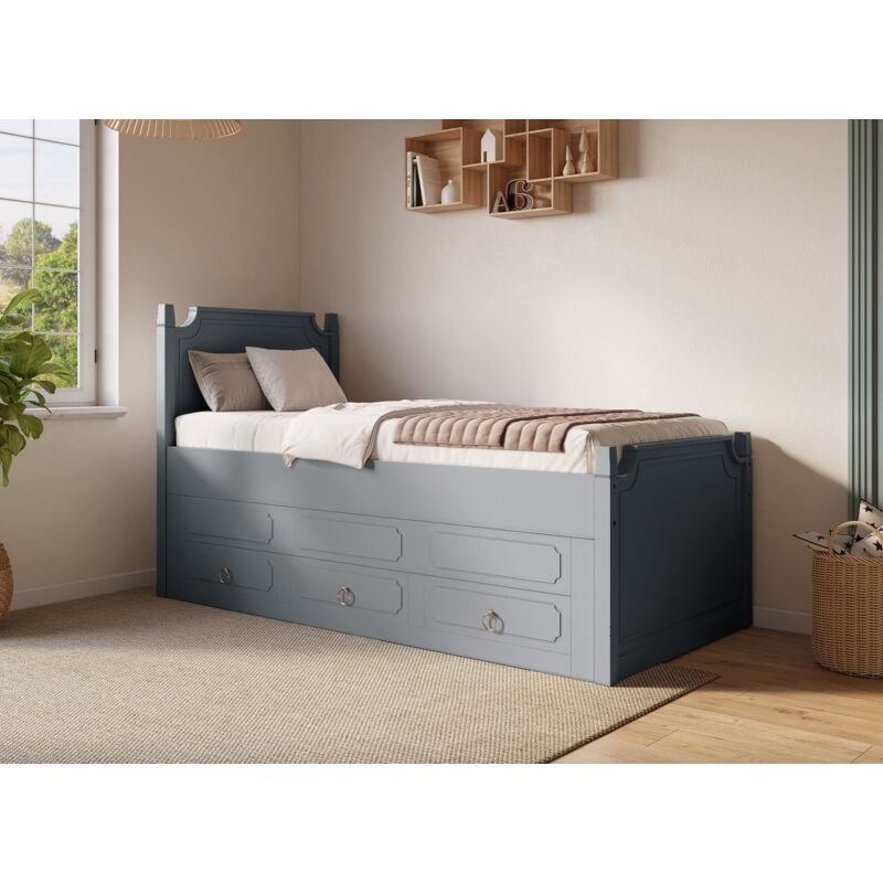 Deco In Paris - pauline - Lit gigogne avec tiroirs en bois gris pauline 90 x 190 cm
