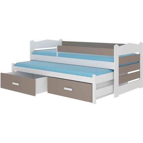 Lit gigogne blanc et taupe 2 couchages 90x200 avec 2 coffres de rangement Kuska