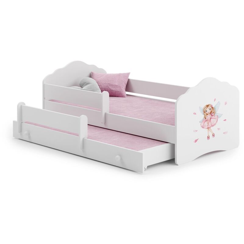 Lit gigogne blanc FIONA avec sommier et matelas - Fée rose - 2 x 160 cm x 80 cm