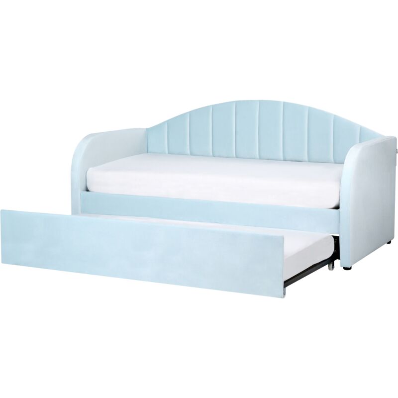 Beliani - Lit Gigogne en Velours Bleu Clair 90 x 200 cm Rebord Rayé Bois d'Eucalyptus Eyburie