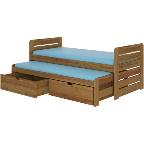 Lit gigogne bois oak 2 couchages 90x200 avec 2 coffres de rangement Balina