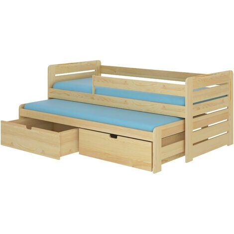 Lit gigogne bois pin naturel 2 couchages 90x200 avec 2 coffres de rangement Solale