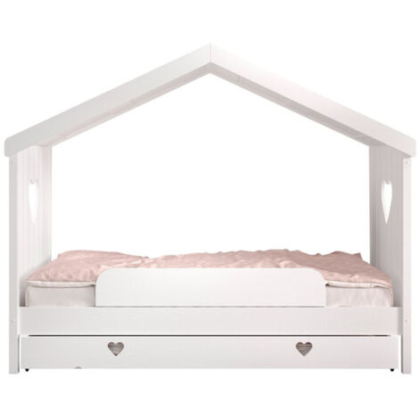 Lit Gigogne Cabane Enfant Ouvert & Barrière "Amori" 90x200cm Blanc