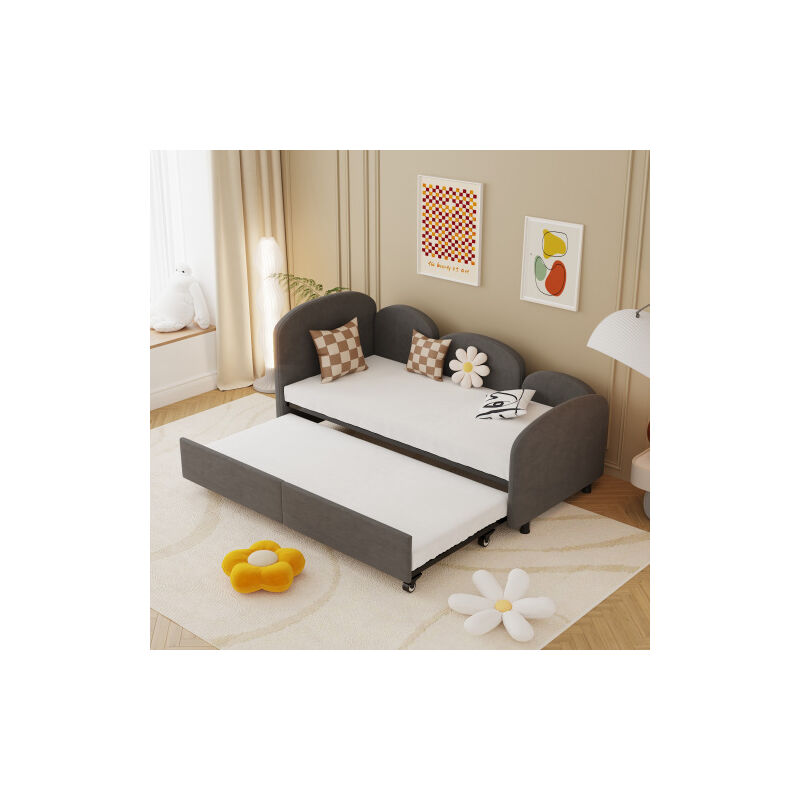 Wishdor - Lit gigogne, canapé-lit rembourré 90x200 cm, velours, sans matelas, gris foncé