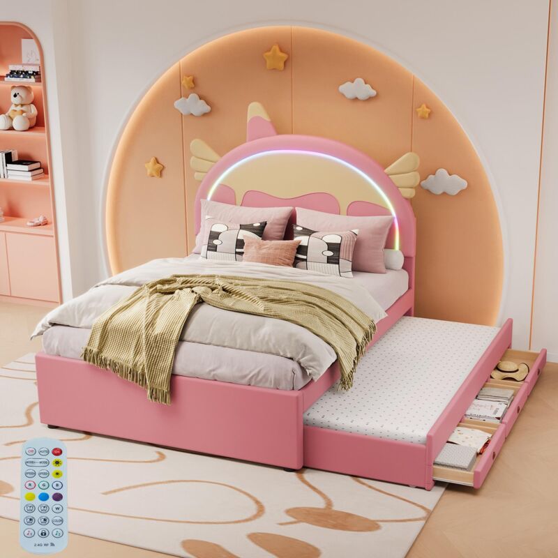 Dans Les Nuages - Lit gigogne capitonné 140x200 cm / 90x190 cm, avec Tête de lit en forme de licorne, 3 tiroirs, sommier à lattes, tissu similicuir,